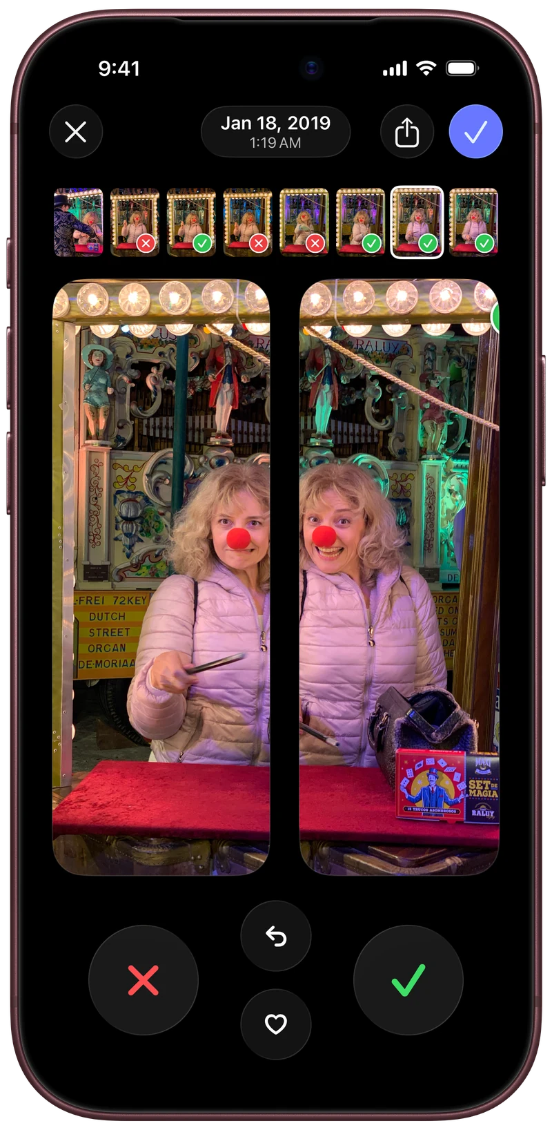 Two photos of a woman shown in a split comparison view.